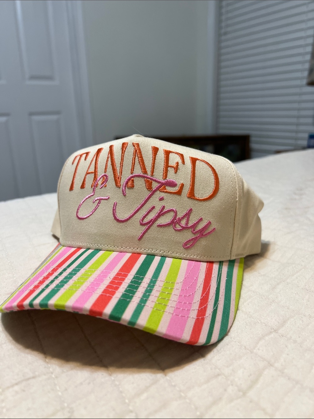 Beige 'Tanned & Tipsy' Embroidered Cap with Multicolor Striped Brim